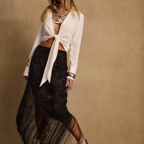 Twelfth Tribe Frankie Black Satin Jacquard Fringe Midi Skirt - Picture 7 of 10
